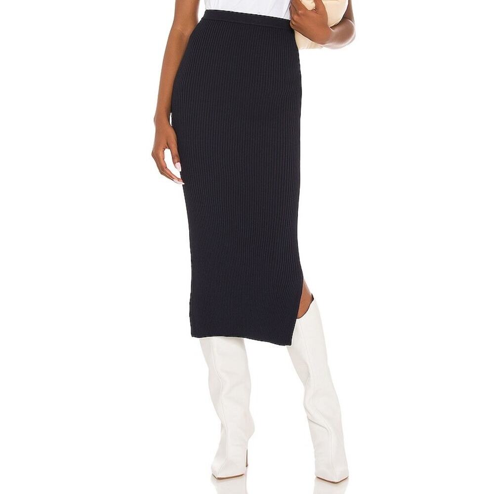 NEW Cami NYC Leah Black Knit Ribbed Bodycon Stretch Slit Calf Length Midi Skirt